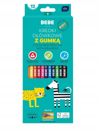 Kredki ołówkowe z gumką 12kol.BEBE Kids