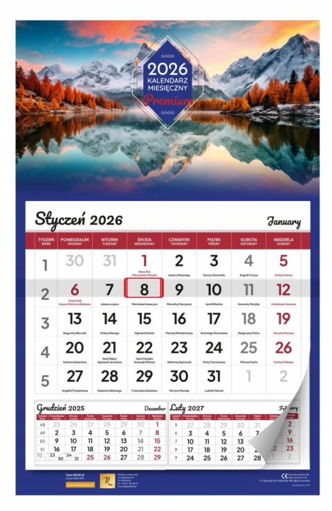 KALENDARZ ŚCIENNY MIESIĘCZNY PREMIUM 2026