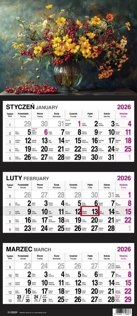 KALENDARZ TRÓJDZIELNY DUŻY 2026 BUKIET