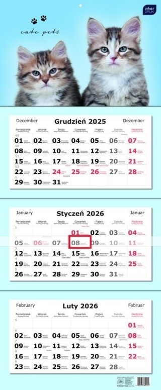 Kalendarz trójdzielny 2026 Koty ścienny 82,5x34 cm