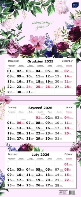 Kalendarz trójdzielny 2026 Kwiaty ścienny 82,5x34 cm