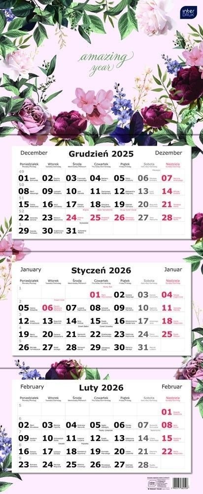 Kalendarz trójdzielny 2026 Kwiaty ścienny 82,5x34 cm