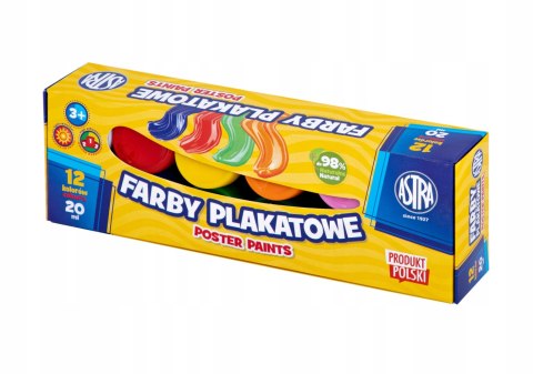 Farby plakatowe 12 kolorów 20ml ASTRA Farby plakatowe 12 kolorów 20ml ASTRA