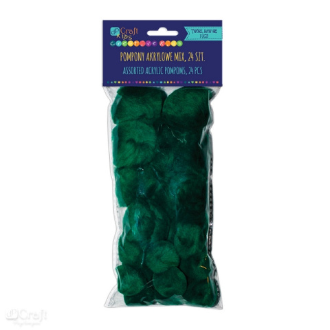 POMPONY AKRYLOWE MIX CIEMNO-ZIELONE, 24 SZT.