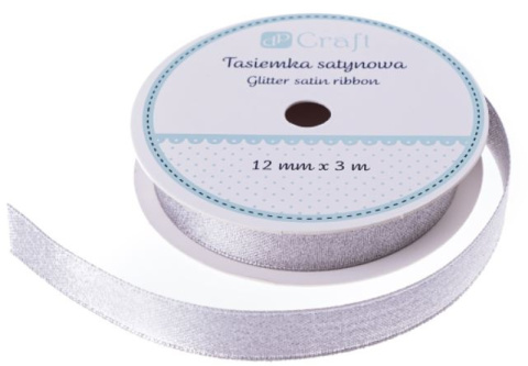 WSTĄŻKA SATYNOWA Z BROKATEM, SREBRNA, 3 M X 12MM